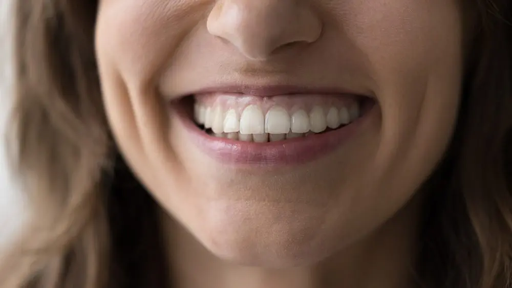 Lower face part and toothy smile of young woman, closeup Close up of lower face part and toothy smile of woman. Young female patient of dental clinic, feels satisfied with professional stomatology services, enamel cleaning, whitening, dentalcare and repair